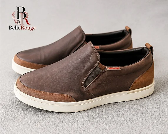 Men's Brown Leather-Look Slip-On Casual Shoes thumbnail 2